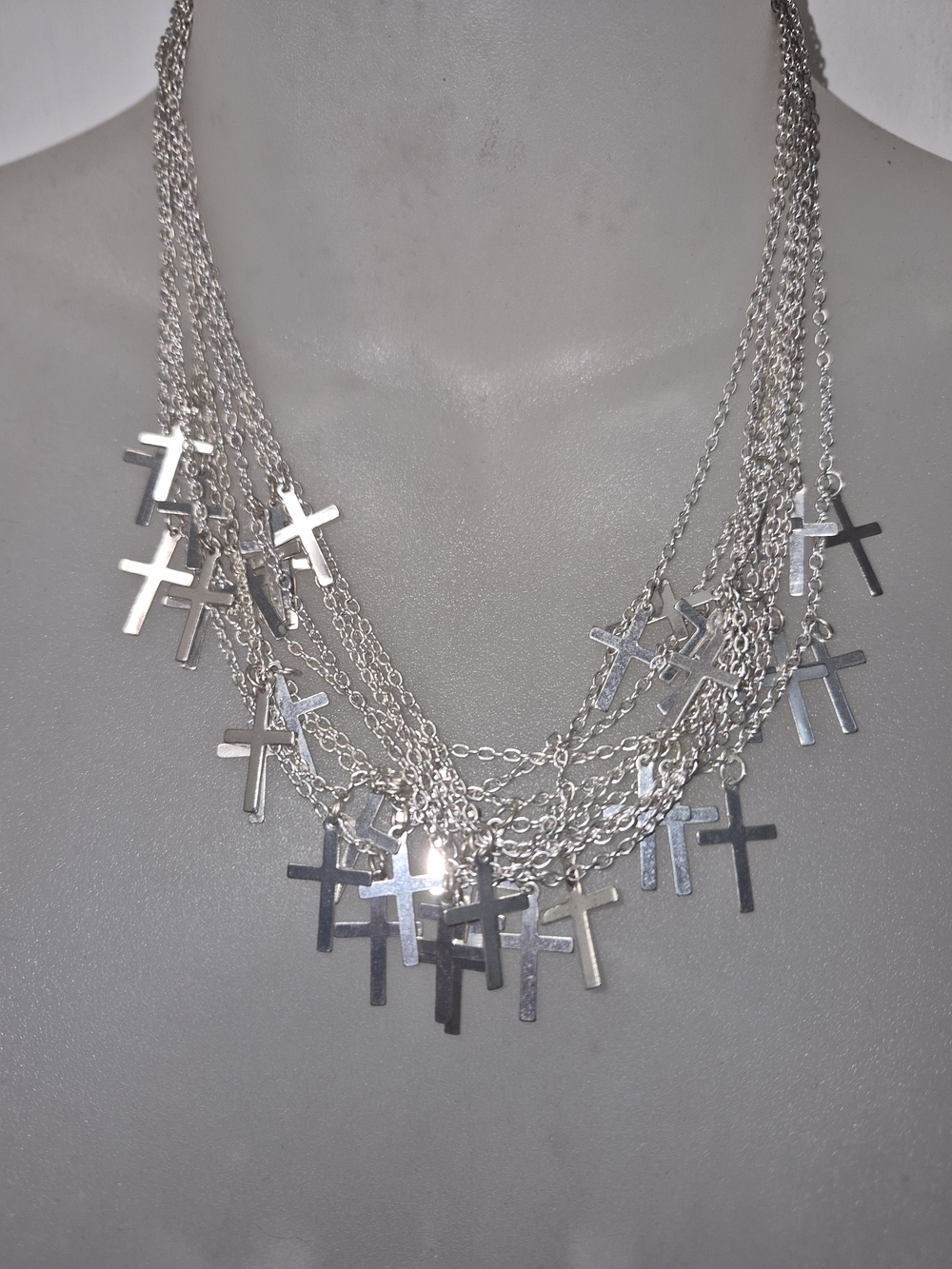 Lot of 2 Y2K Gothic Grunge Cross Necklaces Corded & Multi-Strand Silver Stmt Bib